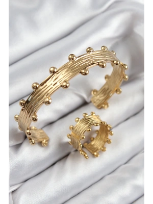 MuI MuI Pirinç Topcuk Model Gold Renk Bileklik Yüzük Set