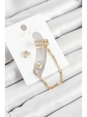 MuI MuI Pirinç Üçgen Figürlü Zirkon Taşlı Gold Renk 3lü Kıkırdak Kadın Küpe Set