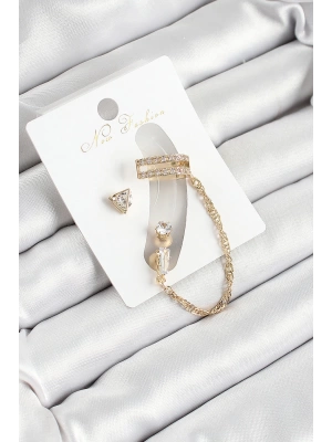 MuI MuI Pirinç Üçgen Figürlü Zirkon Taşlı Gold Renk 3lü Kıkırdak Kadın Küpe Set