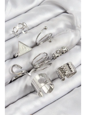 MuI MuI Pirinç Üçgen Model Gümüş Renk Kadın Yüzük Kombin Set