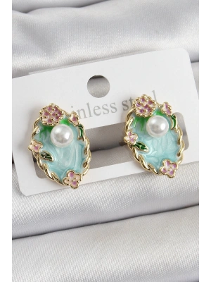 MuI MuI Pirinç Yeşil Mineli İnci Detaylı Sanatsal Portre Model Gold Renk Kadın Küpe