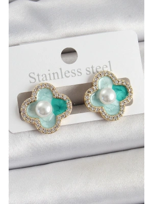 MuI MuI Pirinç Yeşil Mineli İnci Detaylı Zirkon Taşlı Sanatsal Portre Yonca Model Gold Renk Kadın Küpe