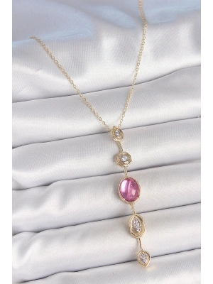 MuI MuI Pirinç Zincir Gold Renk Pembe Zirkon Taşlı Y Kolye
