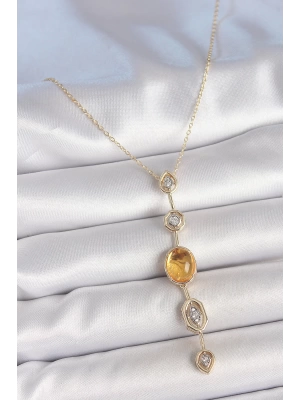 MuI MuI Pirinç Zincir Kehribar Sarı Gold Renk  Zirkon Taşlı Y Kolye