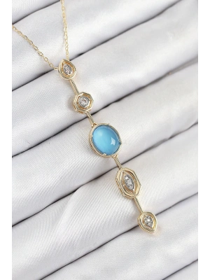MuI MuI Pirinç Zincir Mavi Gold Renk Zirkon Taşlı Y Kolye