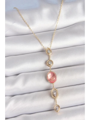 MuI MuI Pirinç Zincir Pembe Gold Renk Zirkon Taşlı Y Kolye