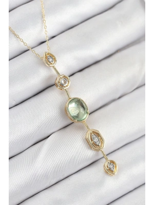 MuI MuI Pirinç Zincir Yeşil Gold Renk Zirkon Taşlı Y Kolye