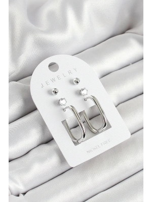 MuI MuI Pirinç Zirkon Taş Ve Dikdörtgen Figürlü Gümüş Renk 3lü Çift Kadın Küpe Set