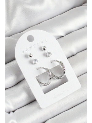 MuI MuI Pirinç Zirkon Taş Ve Halka Figürlü Gümüş Renk 3lü Çift Kadın Küpe Set