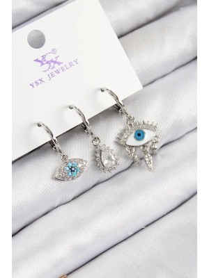 MuI MuI Pirinç Zirkon Taşlı 3lü Fatmanın Gözü Model Gümüş Renk Kadın Küpe