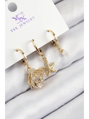 MuI MuI Pirinç Zirkon Taşlı 3lü İstiridye Ve Yıldız Model Gold Renk Kadın Küpe