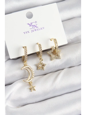 MuI MuI Pirinç Zİrkon Taşlı Ay Ve Hilal Model Gold Renk 3lü Kadın Küpe