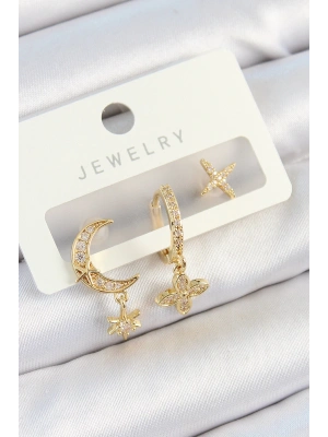 MuI MuI Pirinç Zirkon Taşlı Çiçek Ve Ay Model Gold Renk 3lü Çift Kadın Küpe Set