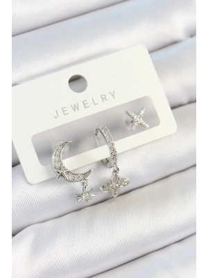 MuI MuI Pirinç Zirkon Taşlı Çiçek Ve Ay Model Gümüş Renk 3lü Çift Kadın Küpe Set