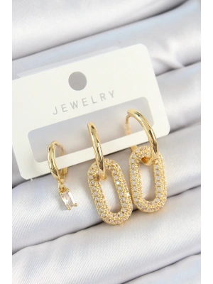 MuI MuI Pirinç Zirkon Taşlı Dikdörtgen Model Gold Renk 3lü Çift Kadın Küpe Set