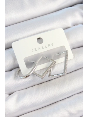 MuI MuI Pirinç Zirkon Taşlı Dikdörtgen Model Gümüş Renk 3lü Çift Kadın Küpe Set