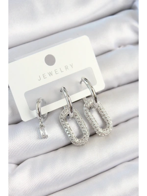 MuI MuI Pirinç Zirkon Taşlı Dikdörtgen Model Gümüş Renk 3lü Çift Kadın Küpe Set