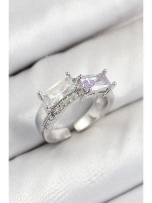 MuI MuI Pirinç Zirkon Taşlı Dikdörtgen Model Gümüş Renk Kadın Yüzük