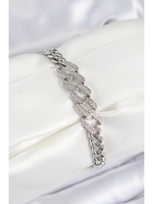 MuI MuI Pirinç Zirkon Taşlı Ezme Küba Zincir Model Gümüş Renk Kadın Bileklik