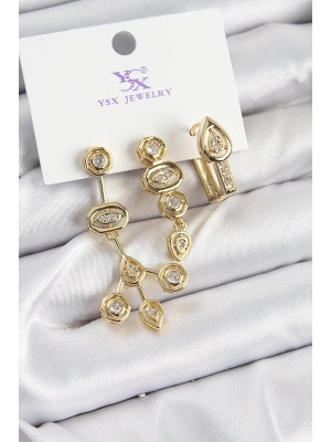 MuI MuI Pirinç Zİrkon Taşlı Geometrik Model Gold Renk 3lü Kadın Küpe