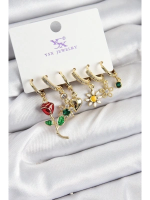 MuI MuI Pirinç Zİrkon Taşlı Gül Ve Papatya Model Gold Renk 3lü Çift Kadın Küpe