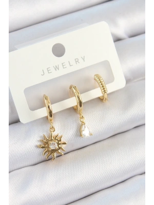 MuI MuI Pirinç Zirkon Taşlı Güneş Model Gold Renk 3lü Çift Kadın Küpe Set