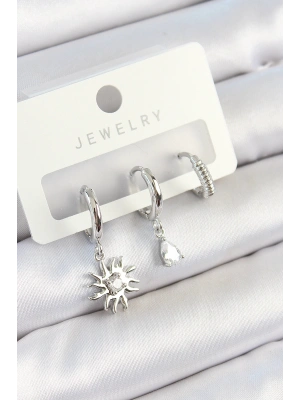 MuI MuI Pirinç Zirkon Taşlı Güneş Model Gümüş Renk 3lü Çift Kadın Küpe Set