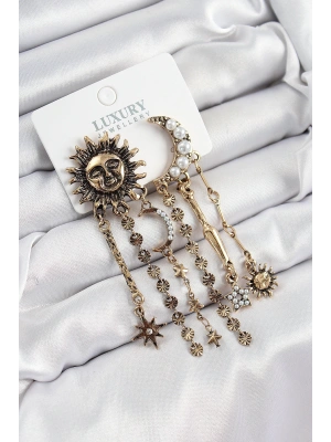 MuI MuI Pirinç Zirkon Taşlı Güneş Ve Ay Figürlü Eskitme Model Sallantılı Küpe