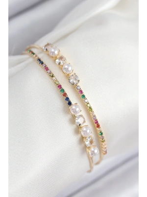 MuI MuI Pirinç Zirkon Taşlı İnci Model Gold Renk Kadın Bileklik