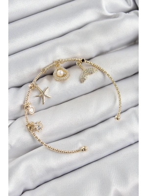 MuI MuI Pirinç Zirkon Taşlı İstiridye Ve Deniz Yıldızı Model Gold Renk Charm Bileklik