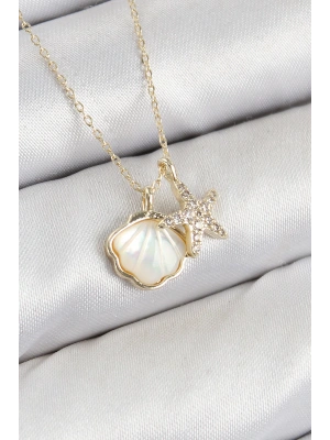 MuI MuI Pirinç Zirkon Taşlı İstiridye Ve Deniz Yıldızı Model Gold Renk Kadın Kolye