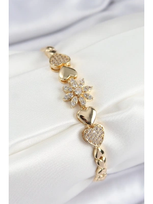 MuI MuI Pirinç Zirkon Taşlı Kalp Detaylı Çiçek Model Gold Renk Kadın Bileklik