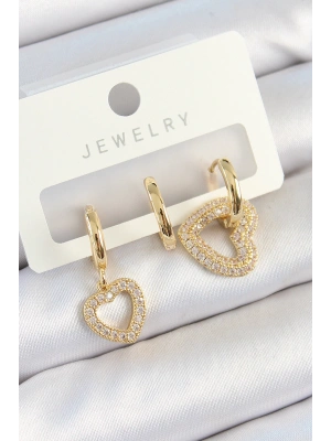 MuI MuI Pirinç Zirkon Taşlı Kalp Model Gold Renk 3lü Çift Kadın Küpe Set
