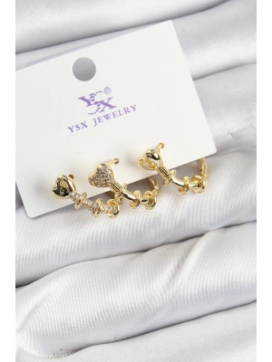 MuI MuI Pirinç Zİrkon Taşlı Kalp Model Gold Renk 3lü Kadın Küpe