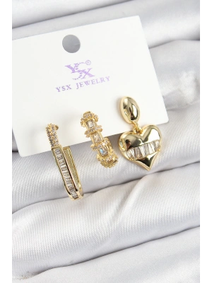 MuI MuI Pirinç Zİrkon Taşlı Kalp Model Gold Renk 3lü Kadın Küpe