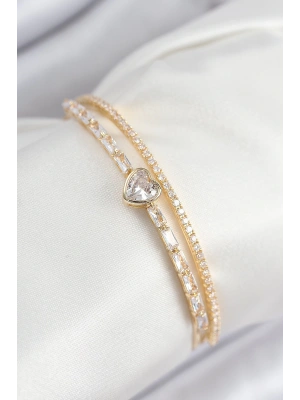 MuI MuI Pirinç Zirkon Taşlı Kalp Model Gold Renk Kadın Bileklik