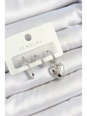 MuI MuI Pirinç Zirkon Taşlı Kalp Model Gümüş Renk 3lü Çift Kadın Küpe Set