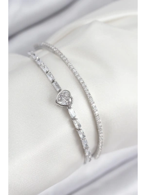 MuI MuI Pirinç Zirkon Taşlı Kalp Model Gümüş Renk Kadın Bileklik