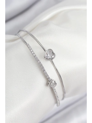 MuI MuI Pirinç Zirkon Taşlı Kalp Model Gümüş Renk Kadın Bileklik