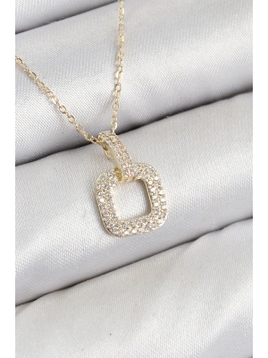 MuI MuI Pirinç Zirkon Taşlı Kare Model Gold Renk Kadın Kolye