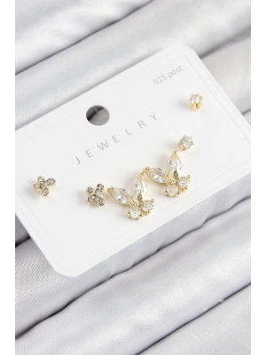 MuI MuI Pirinç Zirkon Taşlı Kelebek Model Gold Renk 925 Ayar Gümüş Çivi Kadın Küpe Set