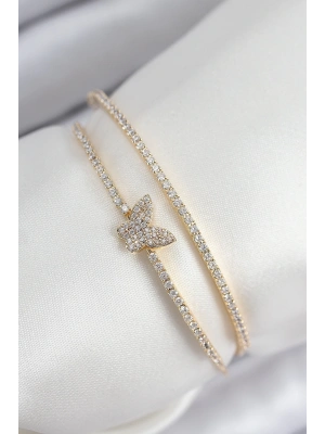 MuI MuI Pirinç Zirkon Taşlı Kelebek Model Gold Renk Kadın Bileklik