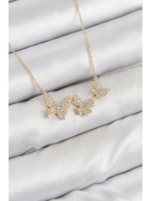 MuI MuI Pirinç Zirkon Taşlı Kelebek Model Gold Renk Kadın Kolye