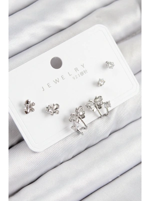 MuI MuI Pirinç Zirkon Taşlı Kelebek Model Gümüş Renk 925 Ayar Gümüş Çivi Kadın Küpe Set