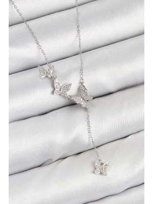 MuI MuI Pirinç Zirkon Taşlı Kelebek Model Gümüş Renk Kadın Kolye