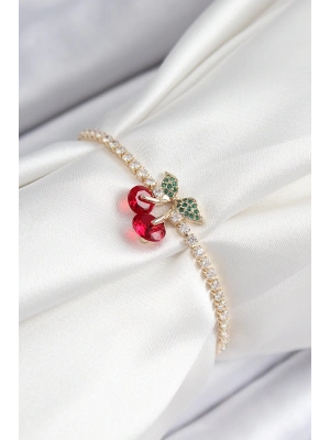 MuI MuI Pirinç Zirkon Taşlı Kiraz Model Gold Renk Asansörlü Kadın Bileklik