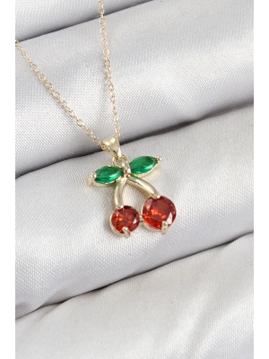 MuI MuI Pirinç Zirkon Taşlı Kiraz Model Gold Renk Kadın Kolye