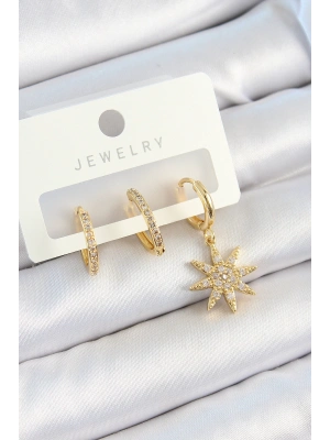 MuI MuI Pirinç Zirkon Taşlı Kutup Yıldızı Model Gold Renk 3lü Çift Kadın Küpe Set