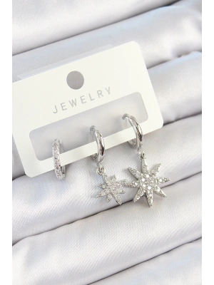 MuI MuI Pirinç Zirkon Taşlı Kutup Yıldızı Model Gümüş Renk 3lü Çift Kadın Küpe Set