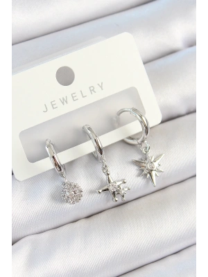 MuI MuI Pirinç Zirkon Taşlı Kutup Yıldızı Model Gümüş Renk 3lü Çift Kadın Küpe Set